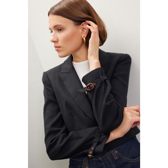 Veronica Beard Girard Cropped Blazer Black One Button Collared Linen Blend Sz 6 - Picture 2 of 13